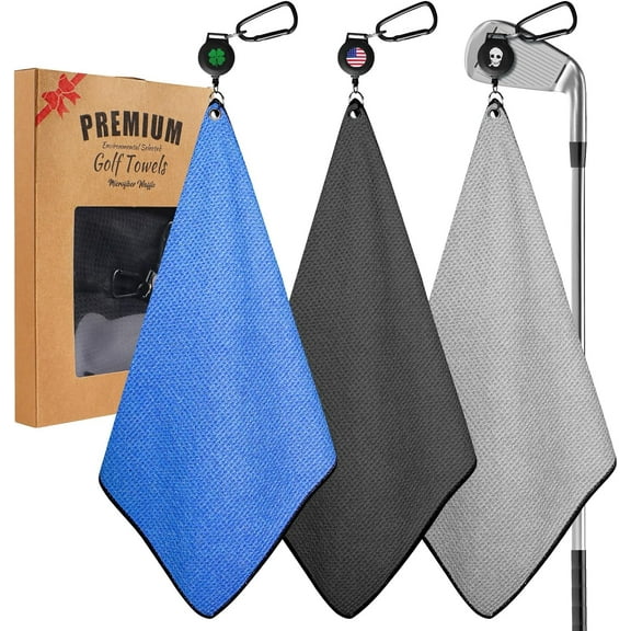 Golf Towels for Golf Bags 15.7''X15.7'' with Strong Magnetic Retractable Carabiner, Microfiber Waffle Pattern Towel Lightweight Absorbent Set Gifts for Women Men