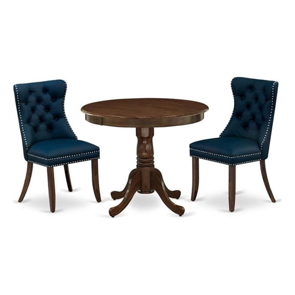 East West Furniture ANDA3-AWA-13 3 Piece Kitchen Table Set Includes a Round Dining Table with Pedestal and 2 Upholstered Parson Chairs, 36x36 Inch, Antique Walnut