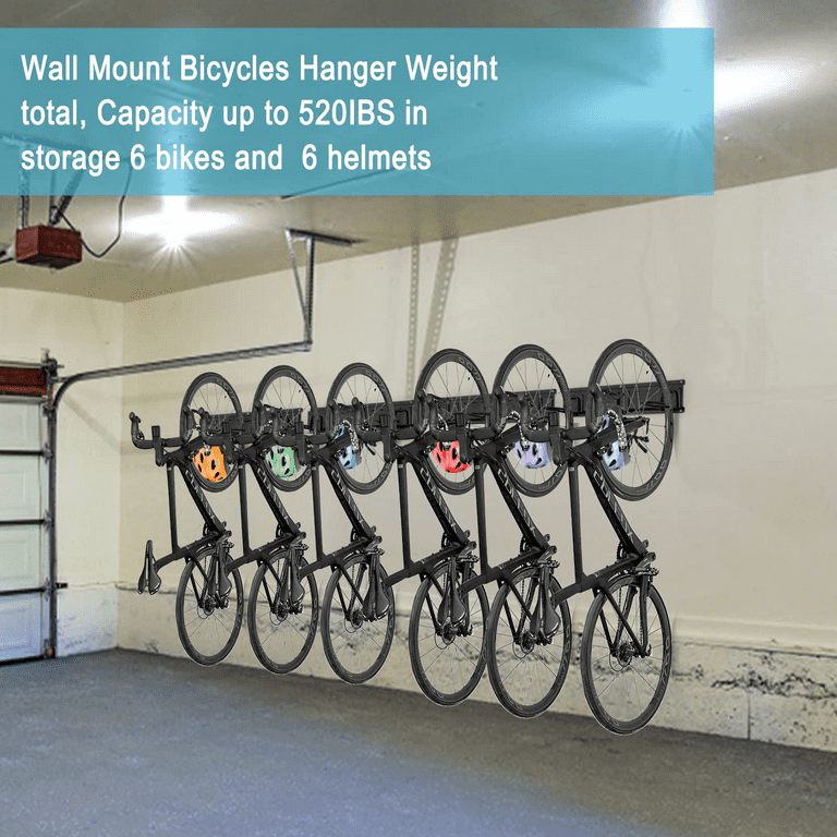 Bike Storage Rack, 6 Bike Rack Wall Mount Home and Garage Organizer, Vertical Bicycles Hanger Hooks for Indoor Space Saving, Black