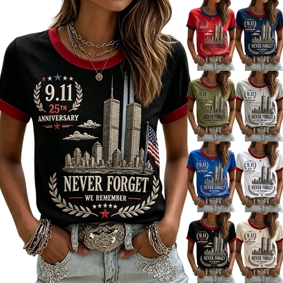 911 25th Anniversary Tshirt Women Never Forget 911 Memorial Patriotic Shirts