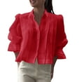 thumbnail image 2 of HLKJKLS Winter Clothing For Women Half Puff Sleeve Button Down Cotton Linen Lapel Collar Blouse Brushed Twill Red S-3Xl, 2 of 7