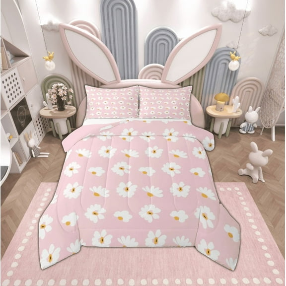 Manfei Cute Flower Bedding Sets Toddler with Comforter,Daisy Duvet Insert,Pink White Comforter Sets Toddler Size For Girls,Breathable Bedroom Decorative Reversible,2pcs