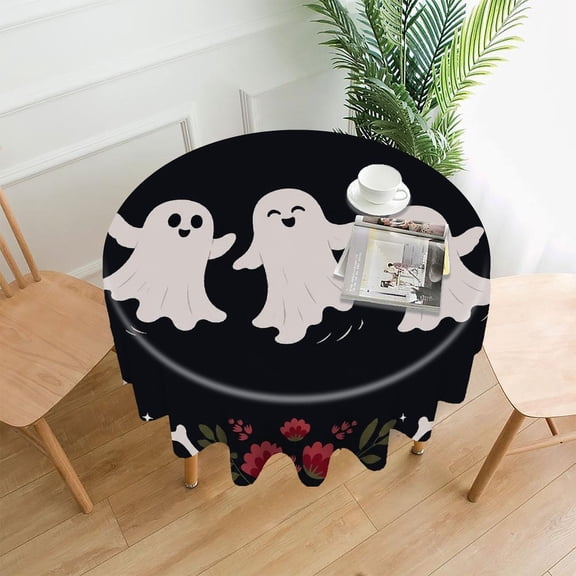 RKSupls 60 Inch Round Tablecloth, Dancing Ghosts Floral Halloween Premium Polyester Straight Edge Wrinkle Resistant Washable Table Cover for Party Home Dining Decor