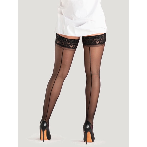 On the Go Women's Back-Seam Thigh Highs (1 Pair Pack, Black, Size M) - Lace Top Sheer Thigh High Stockings