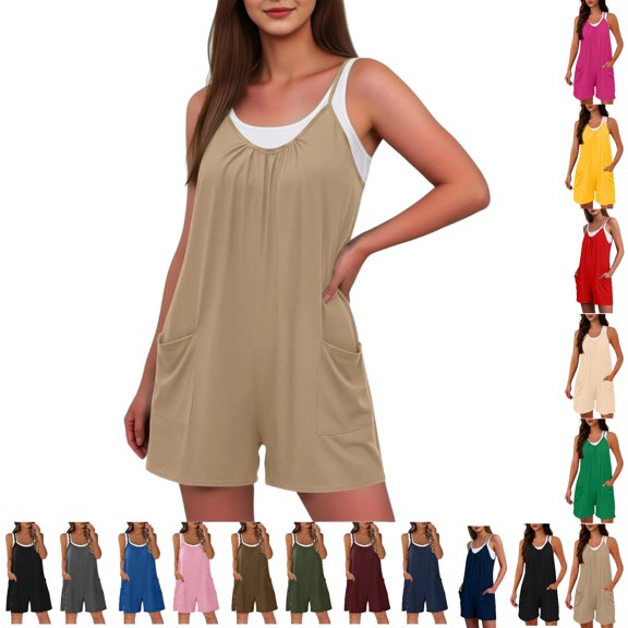 YgkuHd Women's Solid Color Romper Adjustable Spaghetti Strap Chest Ruched Sleeveless Short Jumpsuit with Pockets Casual Summer Vacation Outfit (S-XXL)