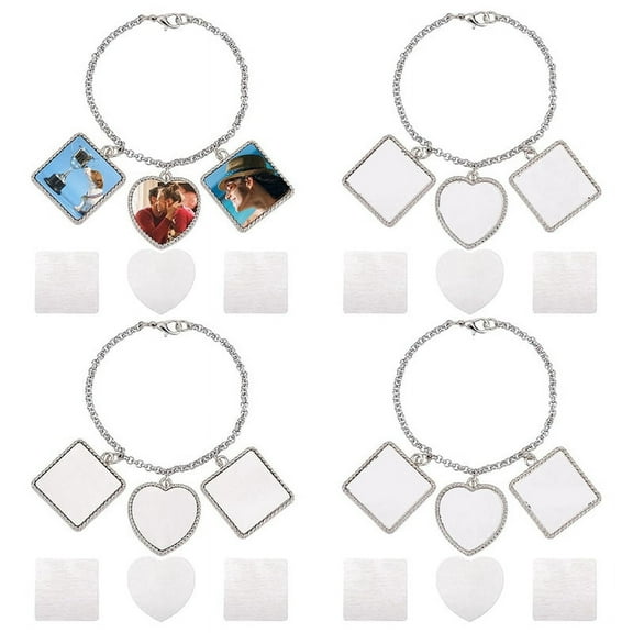 4 Sets Sublimation Bracelets, Heat Transfer Bracelet Blanks Heart Photo Bezel Square Craft Bezel Setting Blank