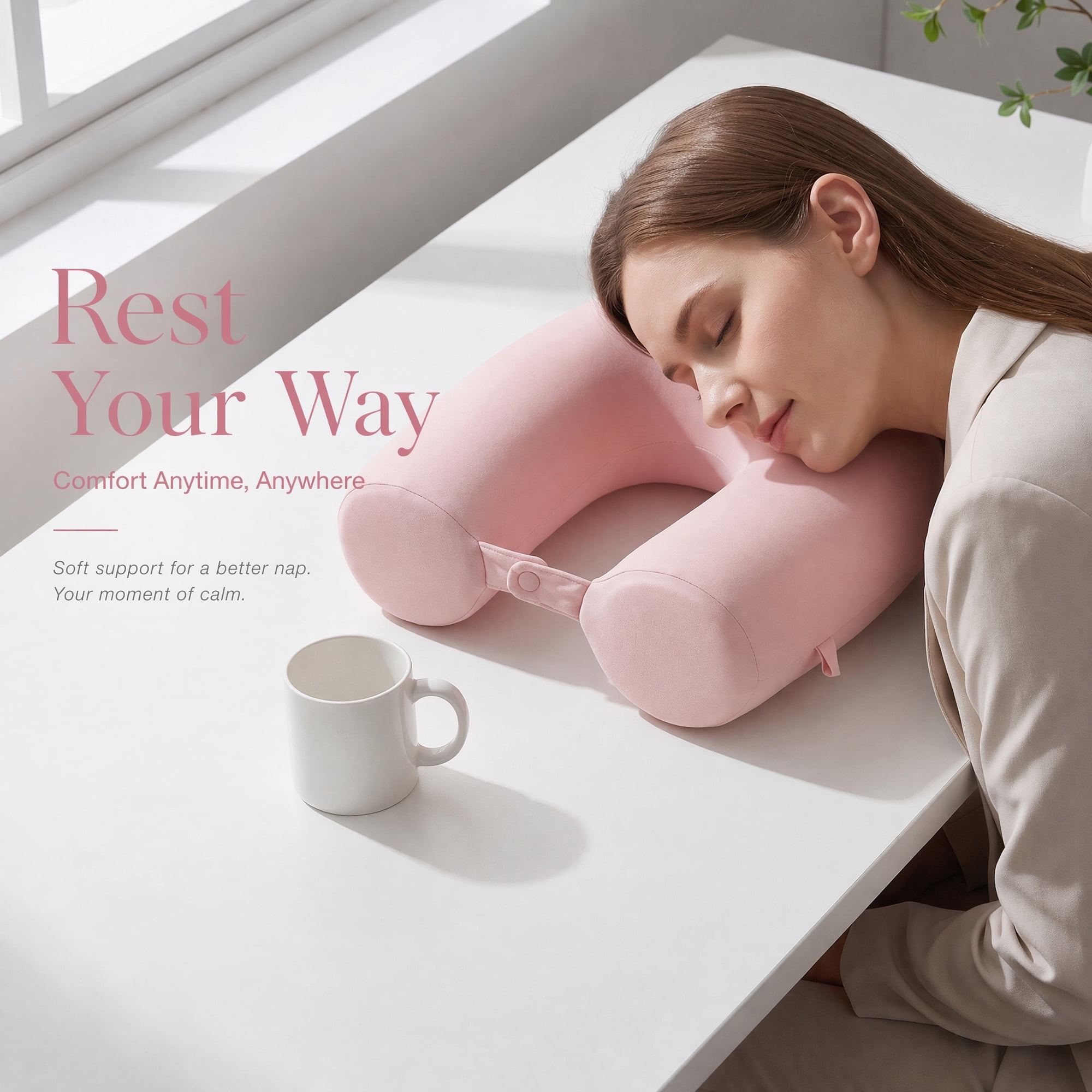 Unique Bargains Memory Foam Neck Pillow U Shape Snap Closure for Airplane Pink 25"x4"