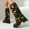 thumbnail image 4 of Womens Platform Slouch Fold over Boots Fashion Camo Studded Leather Chunky Heeled Mid Calf Combat Tall Boots, 4 of 6
