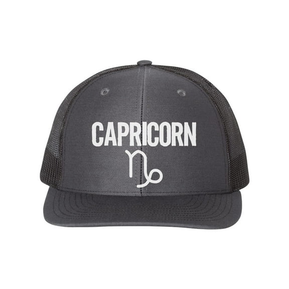 Capricorn Hat, Capricorn, Trucker Hat, Adjustable, 10 Different Colors!, Gift For Capricorn, Horoscope Hat, Astrology Hat, White Text, Charcoal/Black