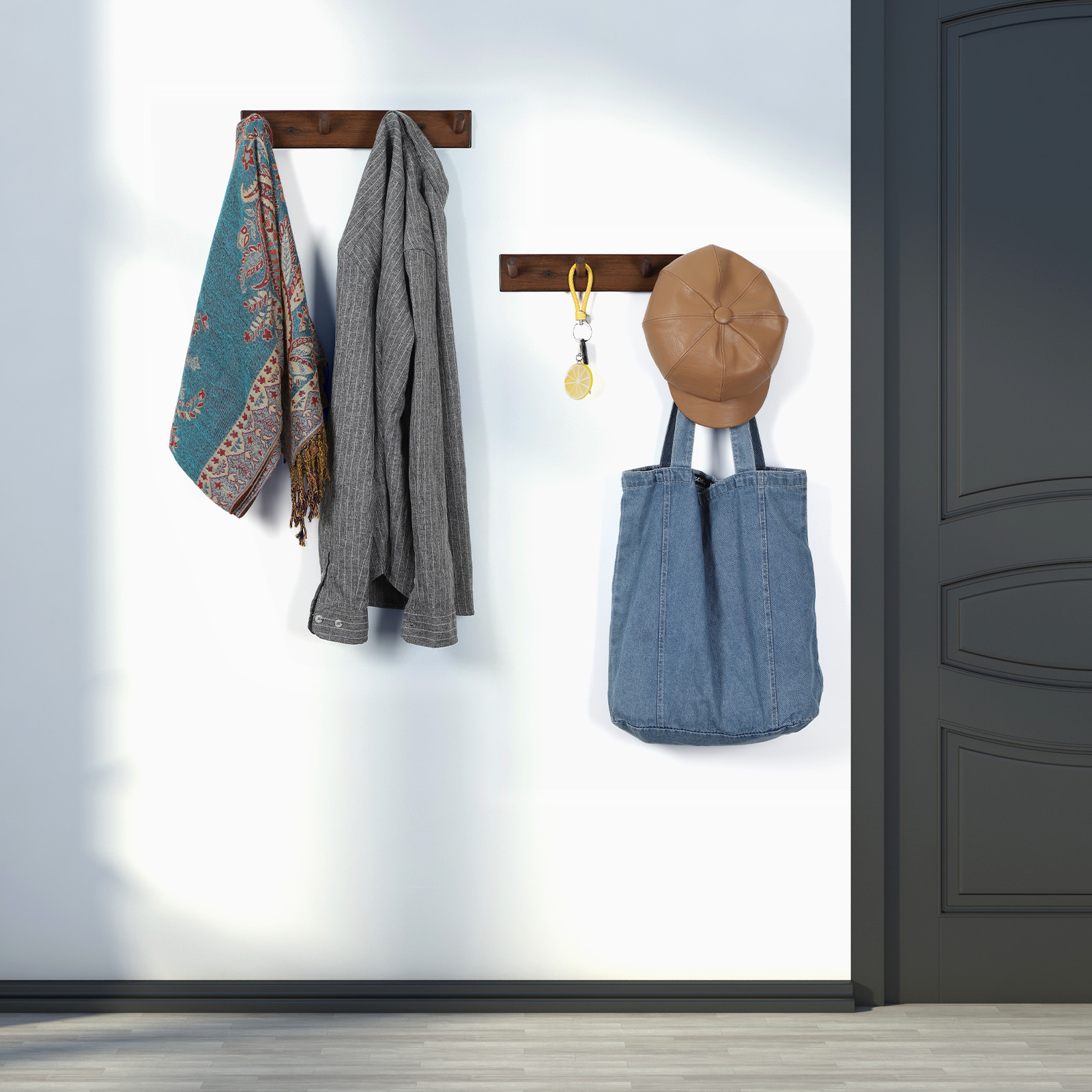 Wall Mounted Wood Coat and Hat Rack, 4 Hooks, Dark Brown