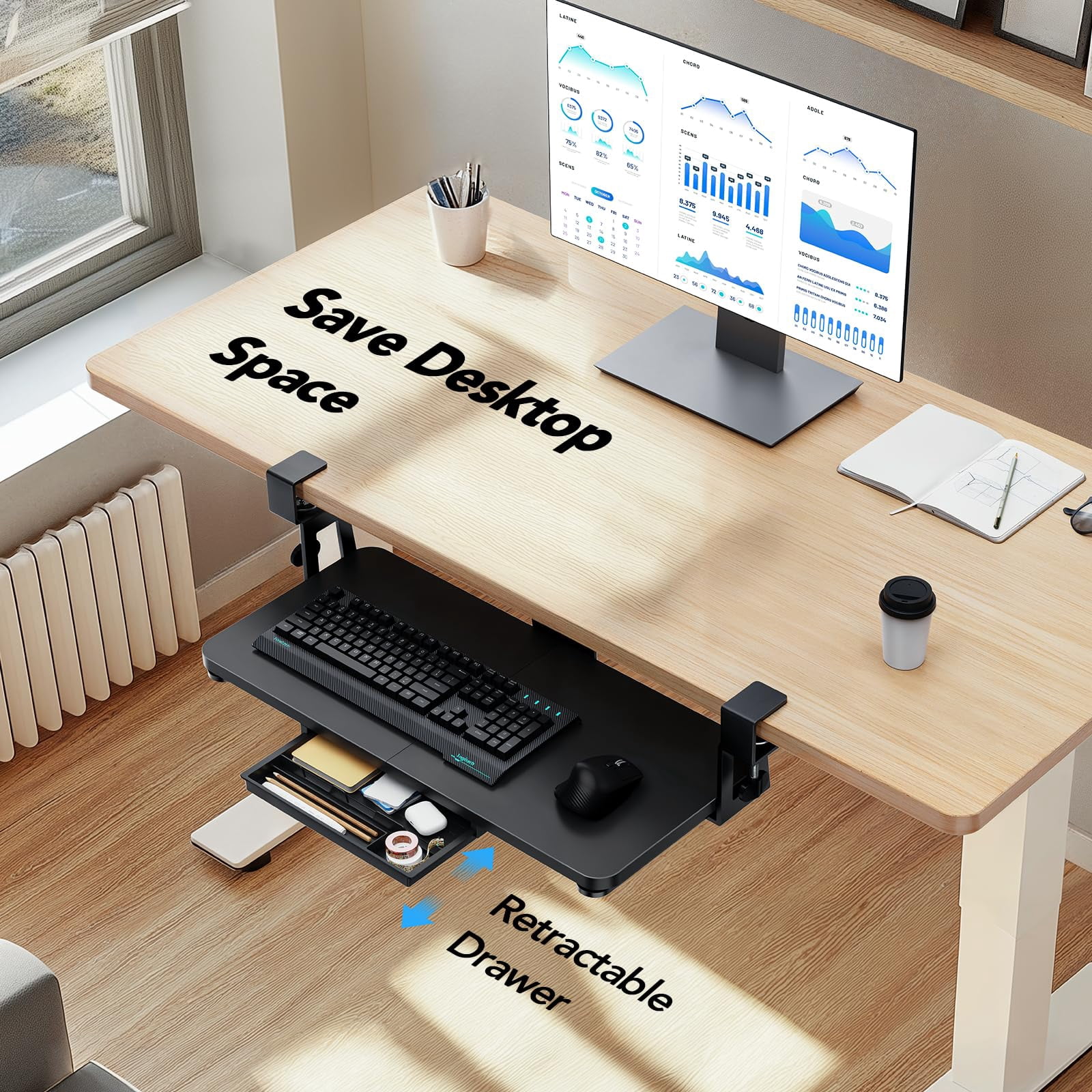 Large Under Desk Tray With Sturdy C-clamp Mount  26 (30.16" Including Clamps) X 12 Inch Slide-out Platform Computer Heavy Duty Storage Drawer For Typing Black