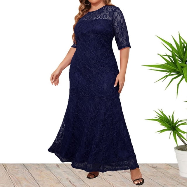 Gspmoly Robes d'Été pour Femmes, Nouvelle Robe Mode Grande Taille en Dentelle à Col en V pour Femmes, Robe à Manches Courtes à Col Ras du Cou, Robes Formelles pour Femmes Économies