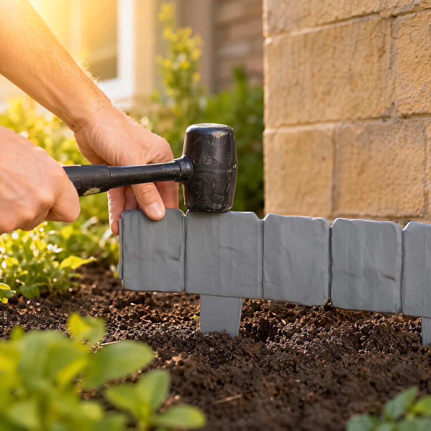 Imitation Stone Garden Fence - DIY Garden Edging Border, Decorative Landscape Edging Interlocking Plastic Lawn for Flower Bed, Pathway, DIY Outdoor Yard Decor, Weather Resistant (10, Brick Red)
