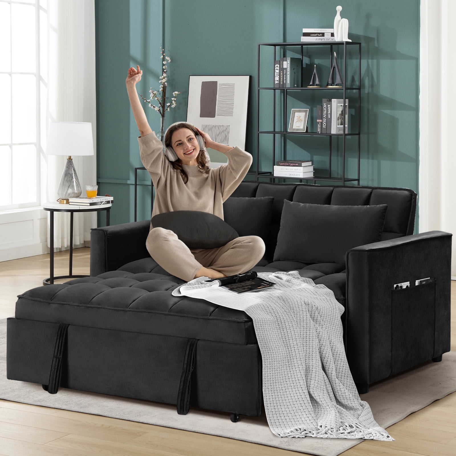 Bonzy Home Convertible Velvet Loveseat Sofa Bed with Adjustable Backrest, Black
