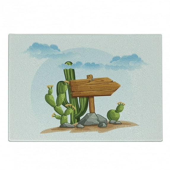 Cactus Cutting Board, Cartoon Style Arid Country Plants with Blooming Flowers Nailed Wooden Sign on Rocks, Decorative Tempered Glass Cutting and Serving Board, Small Size, Multicolor, by Ambesonne