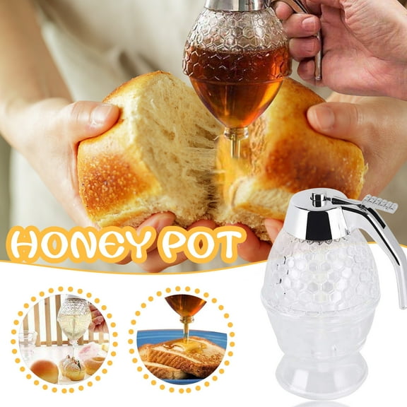 Honey Dispenser No Drip Glass 7 oz, Maple Syrup Dispenser, Honey Jar with Stand, Beautiful Honey Comb Shaped Honey Pot, Perfect Bee Decoration for Home Kitchen