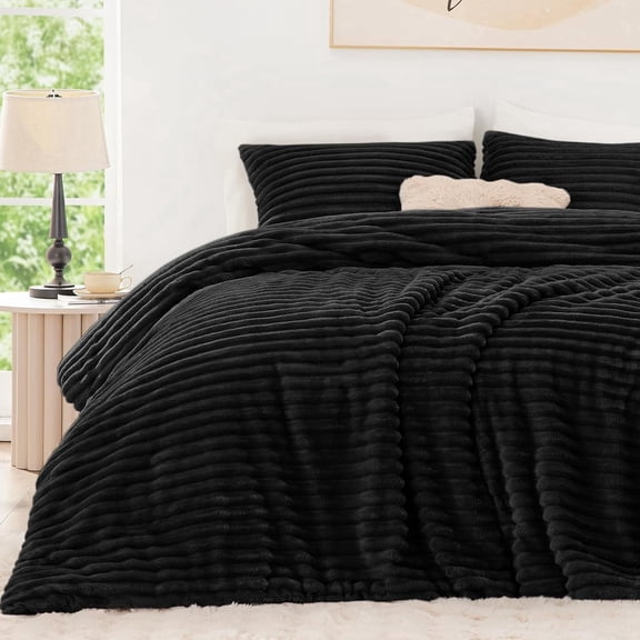 Fluffy Comforter Set Queen Size - Super Soft Faux Fur Stripe Jacquard Comforter 3 Pieces, Black Fleece Bedding Set,Winter Warm Bed Set,1 Comforter with 2 Pillowcases