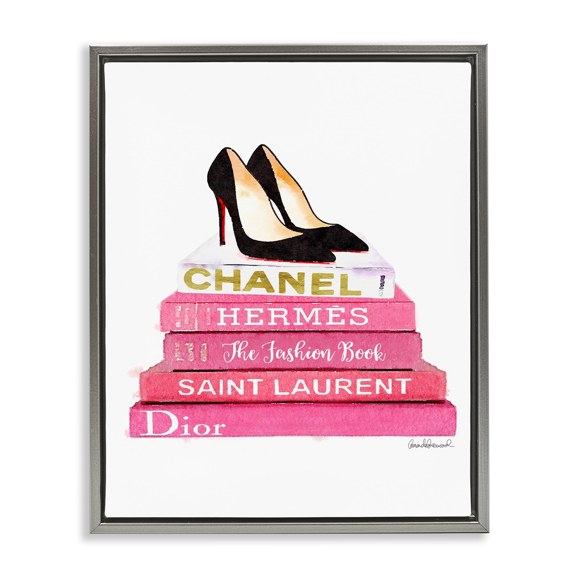 Stupell Industries Glam Pink Fashion Books Black Pump Hells Luster Gray Framed Floating Canvas Wall Art, 24x30, by Amanda Greenwood