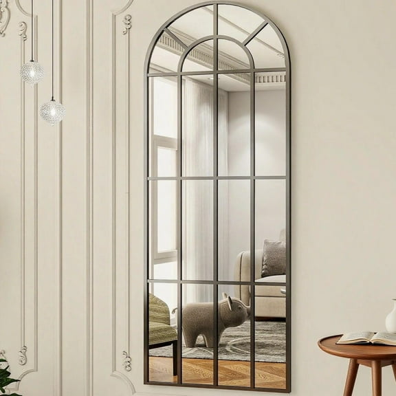 Lumora 25"x69" Windowpane Full Length Arched Floor Mirror, Black