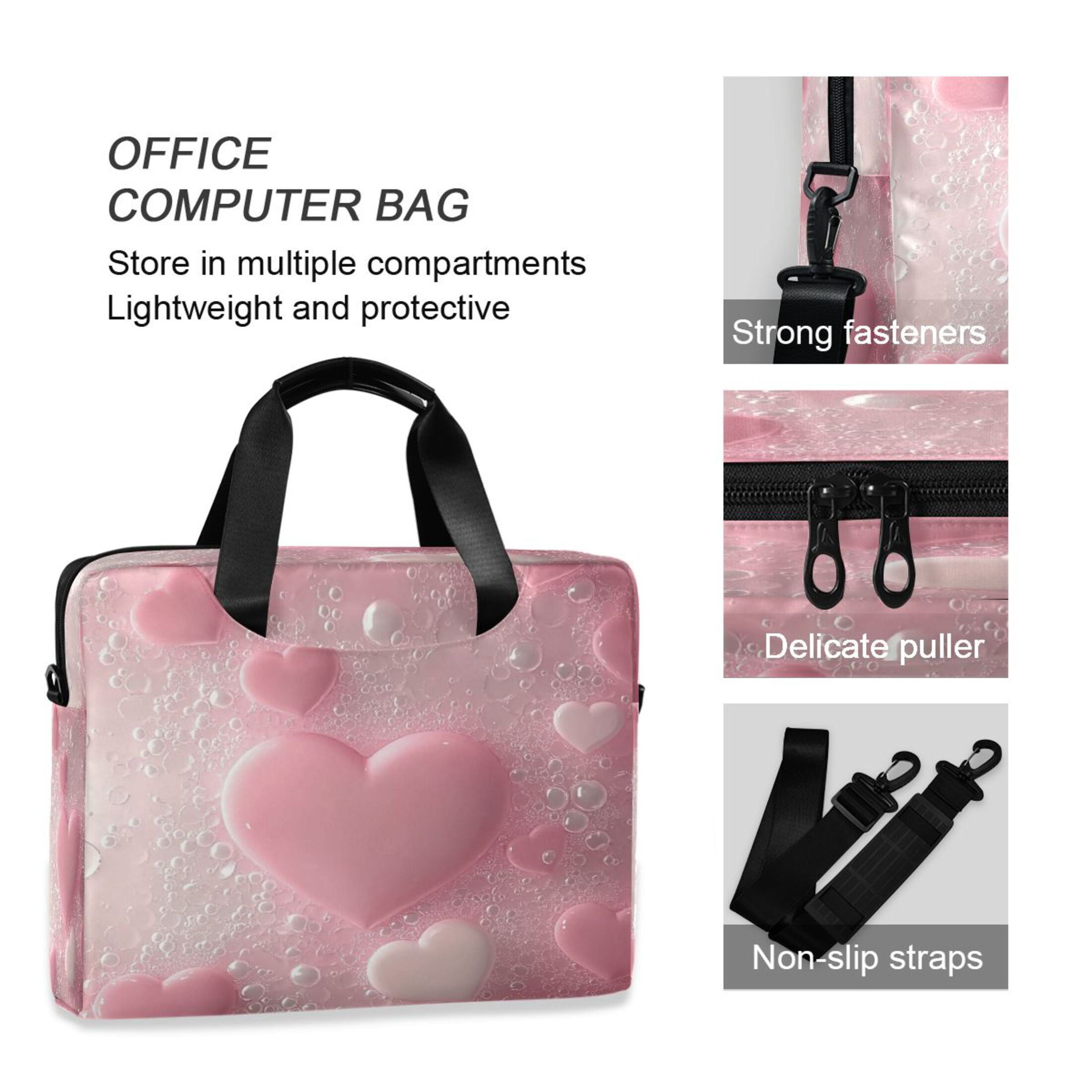 16" Laptop Tote Bag Laptop Sleeve Case Computer Briefcase for Work & Travel Pink Heart Bubbles