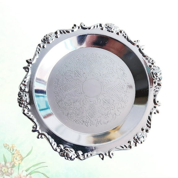 FRCOLOR 1Pack Jewelry Plate Vintage Dish 4in Silver Round Home Decor