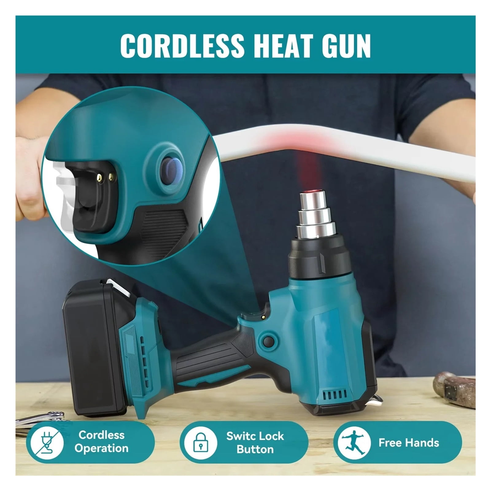18V Heat Gun Shrink Wrapping Tool Hot Air Gun Air Dryer Soldering Thermal Blower with LED display, Tool only, No battery ,Variable Temperature