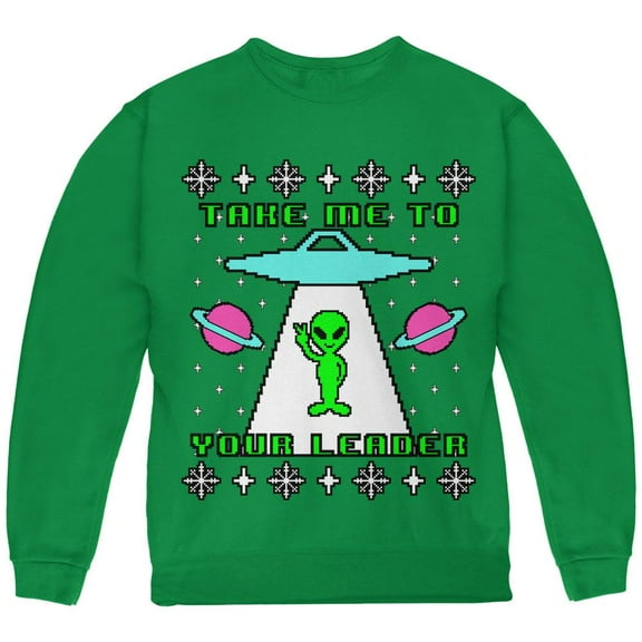 Alien Take Me to Your Leader Ugly Christmas Sweater Youth Sweatshirt Green YLG