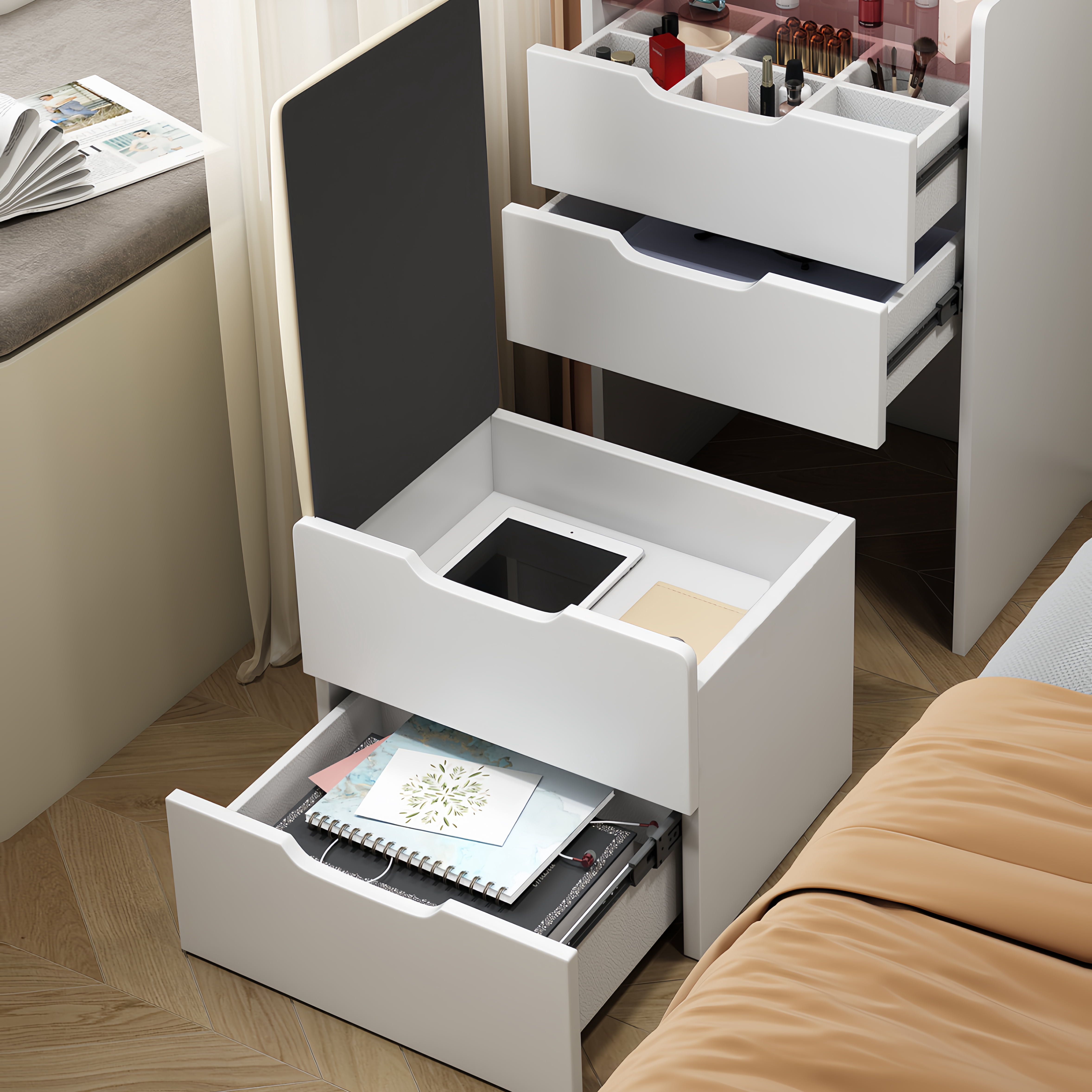 Miniyam Vanity Desk with Lighted Flip Mirror, Drawers & Stool, Makeup Table for Adults, White