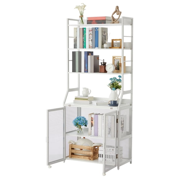 Space-Saving 2-in-1 Bookshelf Desk – Industrial Metal & Wood Office Bookcase with 6 Storage Shelves & Cabinet – Modern Tall Workstation – All White
