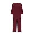 thumbnail image 4 of UVEASISHA 2 Piece Lounge Sets for Women Plus Size Linen Loungewear Sets 3/4 Sleeve Tops and Wide Leg Pants Matching Set Wine XL, 4 of 8