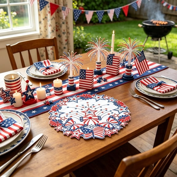Floleo 4th of July Patriotic Placemats Set of 1, 13.8x13.8 Inch Square Placemat, Independence Day Memorial Day Table Decor, Waterproof Washable Dining Table Mats for Party