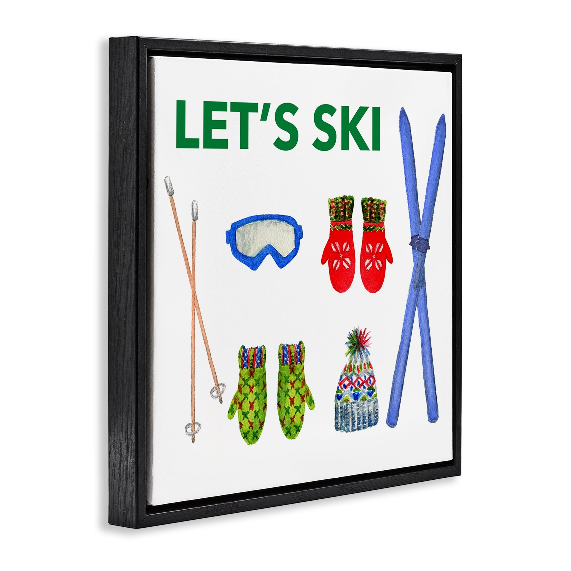 Stupell Industries Let's Ski on White Sports Painting Black Floater Framed Canvas Art Prints Wall Art, 18 x 18
