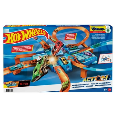 Hot Wheels® Track Set with 1:64 Scale Toy Car, Criss-Cross Crash Track with Motorized Booster