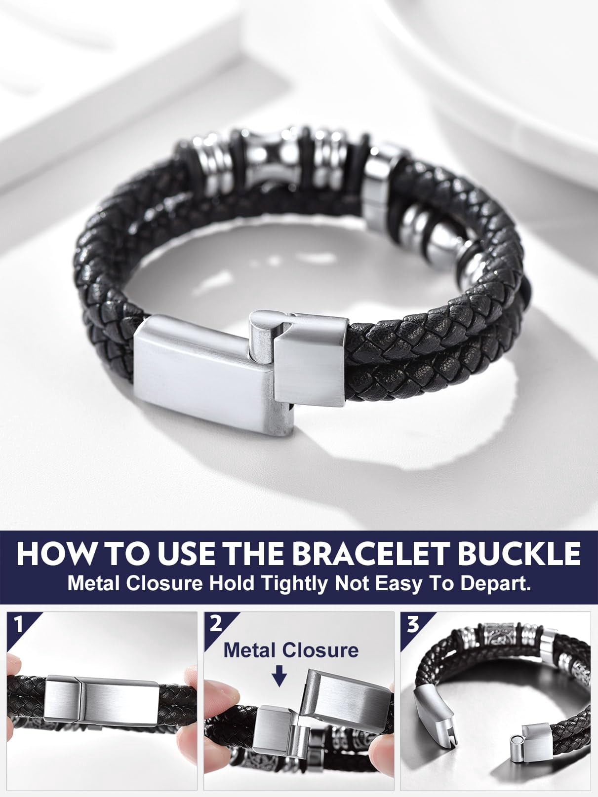Bandmax Black Leather Bracelets for Men Double-Layer Braided Rope Bracelet with Stainless Steel Beads Wristband Wrist Bangle for Birthday Gift