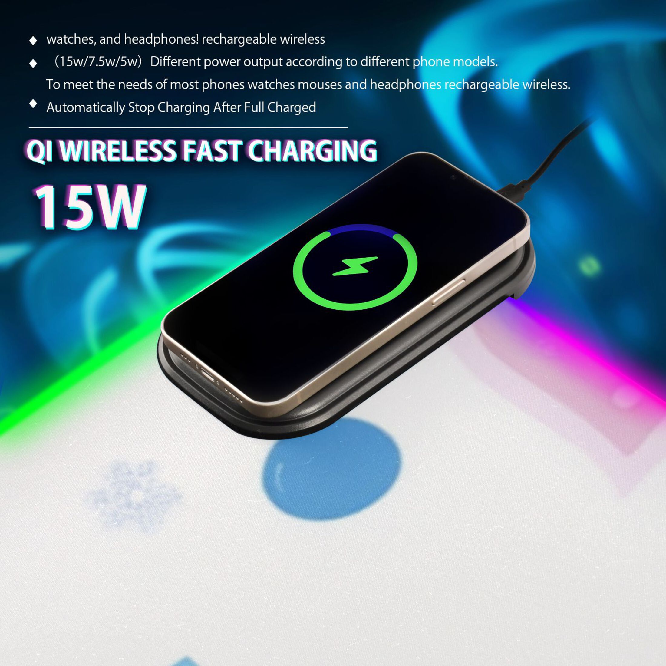 Pink Blue Floral Geometric Wireless Charging RGB Gaming Mouse Pad Large Keyboard Mat Rubber Base 13 Light Modes