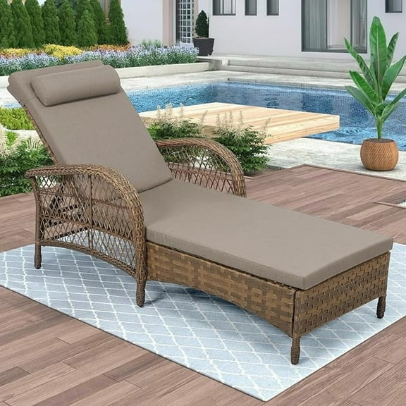 EPICOZY Outdoor Wicker Lounge Chair with Cushion, 6-Position Adjustable Patio Chaise Lounge, All Weather Lay Flat Pool Sunbathing Recliner Chair, Armrest and Head Pillow, Fade-Resistant, Beige