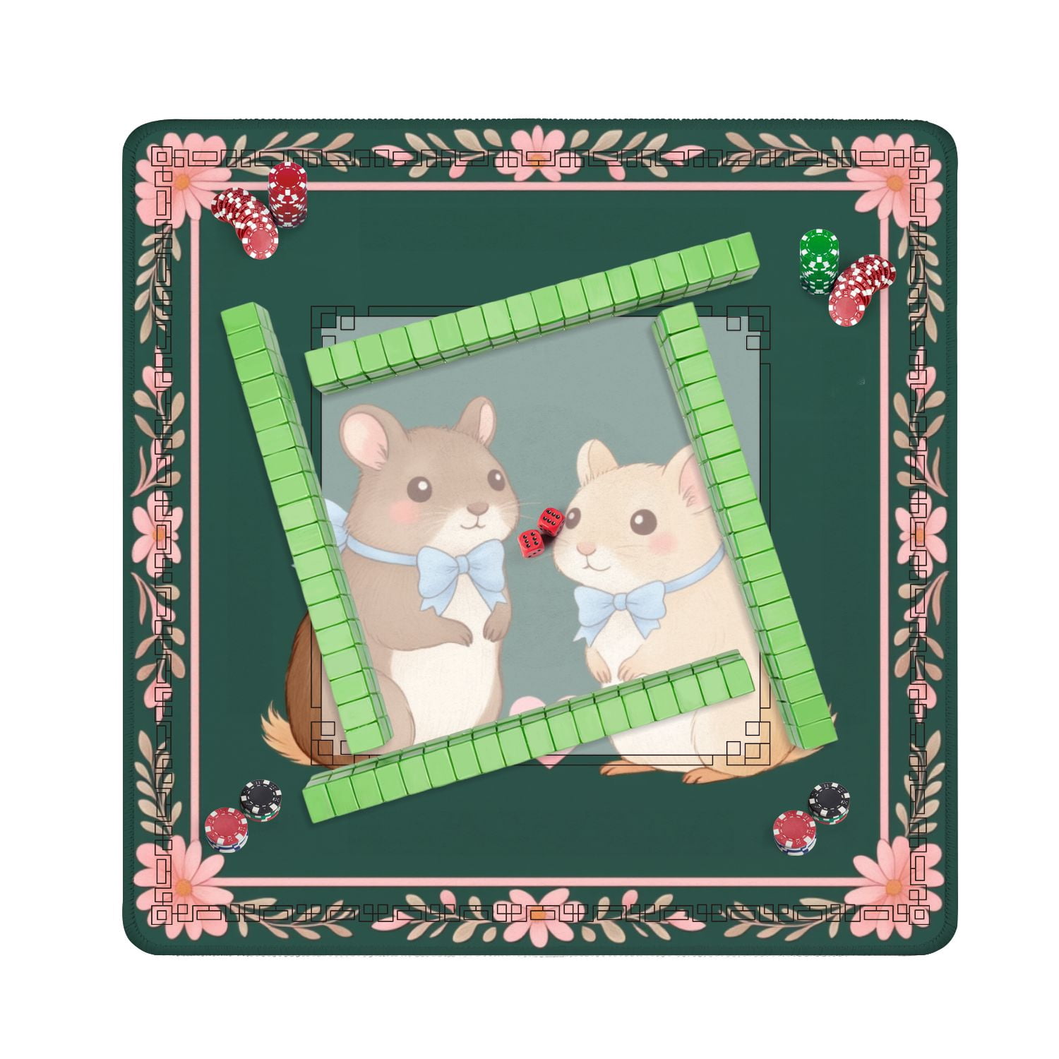 Mahjong Mat 31.5" x 31.5" Cute Hamster Pair Blue Bows Heart Illustrated Style Non-Slip Noise Reduction American Mahjong Tiles Table Cover for Dominoes Poker Card Board Games Gift