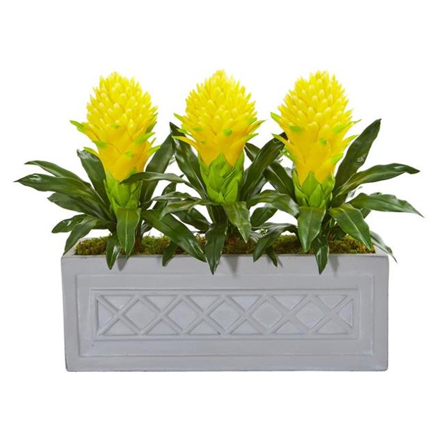 Nearly Natural 8590-YL Bromeliad Artificial Plant in Stone Planter - Yellow
