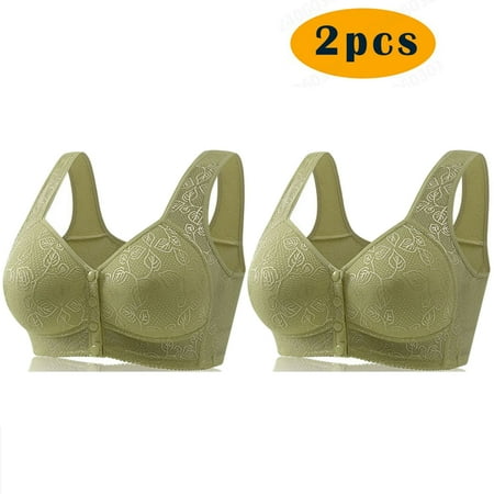Crunowin 2Pc Women s Plus Size Bra Wireless Front Button Closure  Soft Lace Push Up Bra Casual Comfort Bras Green XL