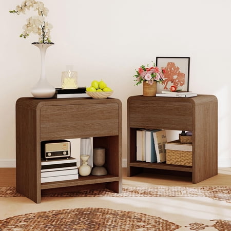 VanAcc Modern NightStand Set 2 with Storage Drawer & Shelves Walnut Natural Wood Finish Curved Top Corners for Bedroom Living Room Sofa Office
