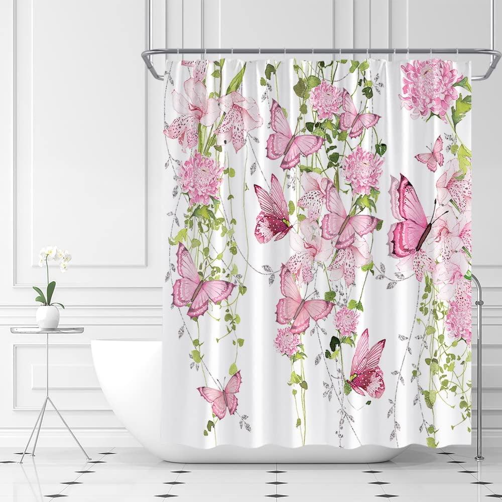 Pink Butterfly Shower Curtains Watercolor Butterflies Rustic Floral Spring Vine Nature Garden Woman Fabric Home Bathroom Decor Set with Hook（36" WX70 H）