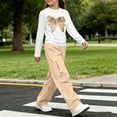 thumbnail image 5 of Iyufng 2 Piece Outfits for Girls Bow Printed Long Sleeve T-Shirt and Cargo Pants, Girls Summer Casual Two Piece Sets, Size 5-15 Years, 5 of 7