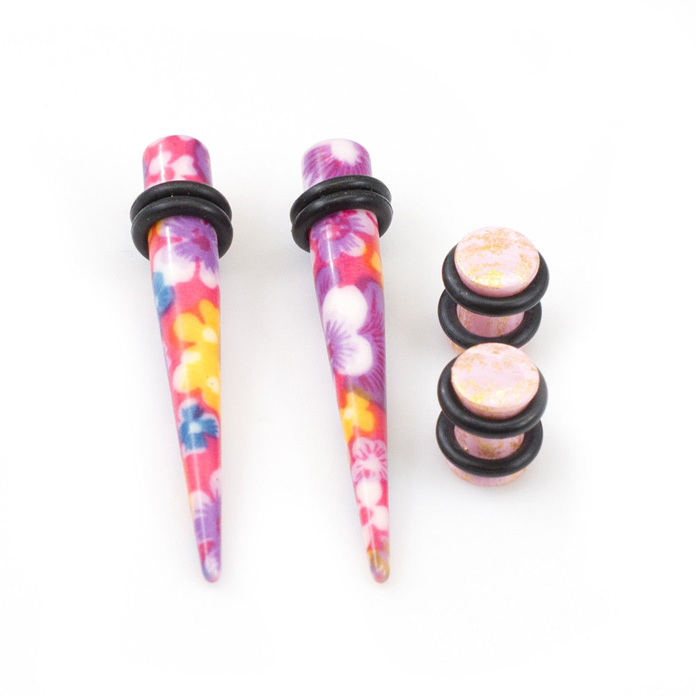 Ear Plugs with Tapers Stretching kit Colorful Flower Design with O rings - image 4 of 25