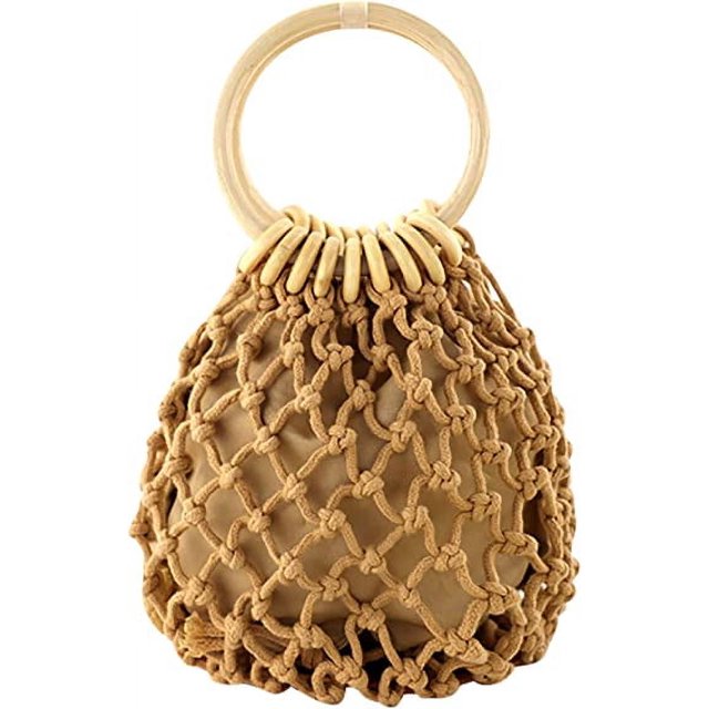 Mini Sac à Main pour Dames, Seau à Poignée Supérieure, Sac en Filet Tissé à la Main pour la Plage (Couleur Café)