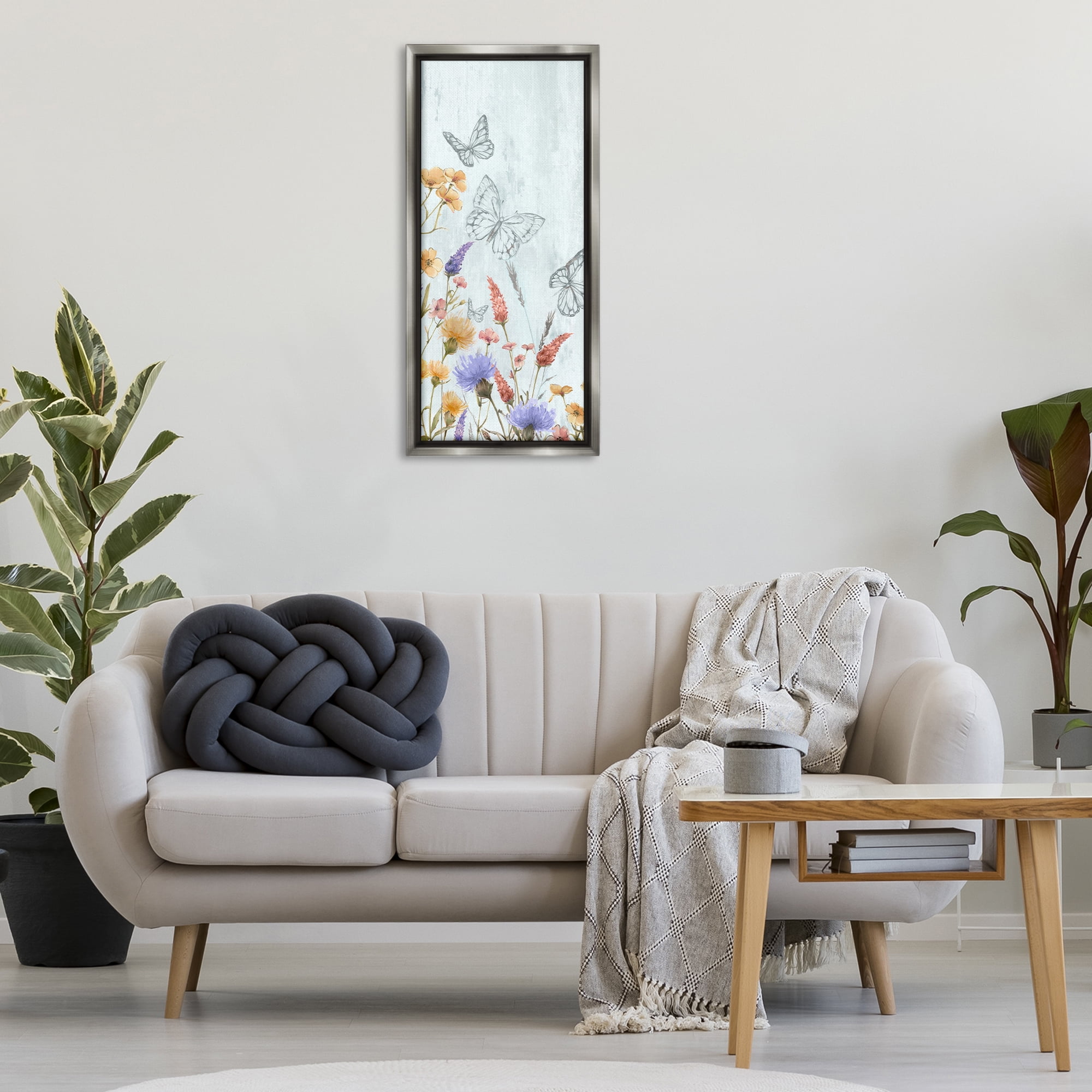 Stupell Industries Butterfly Outlines & Florals Plants & Flowers Painting Gray Floater Framed Canvas Art Print Wall Art, 14 x 31