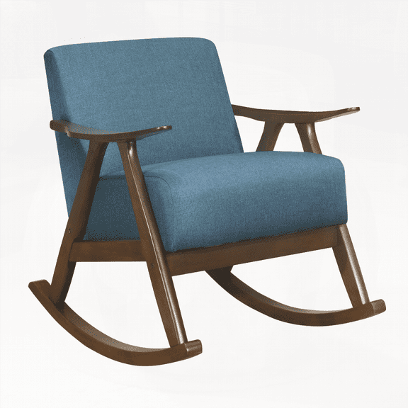 1-Piece Modern Rocking Chair - Blue Fabric on Dark Walnut Finish Wood with Cushion Seat and Back