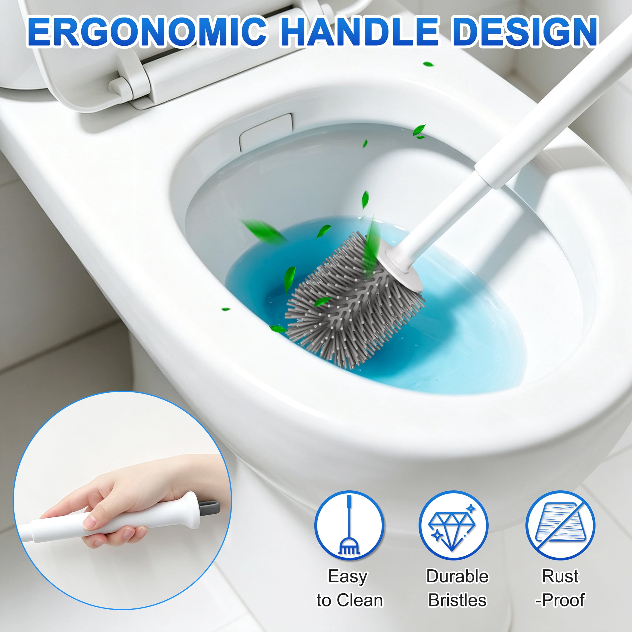 Silicone Toilet Brush with Holder Set, 2-in-1 Bathroom Cleaning Brush with Hidden Tweezer, Deep Cleaning for Toilets, Sinks and Bathtubs, 2 Pack