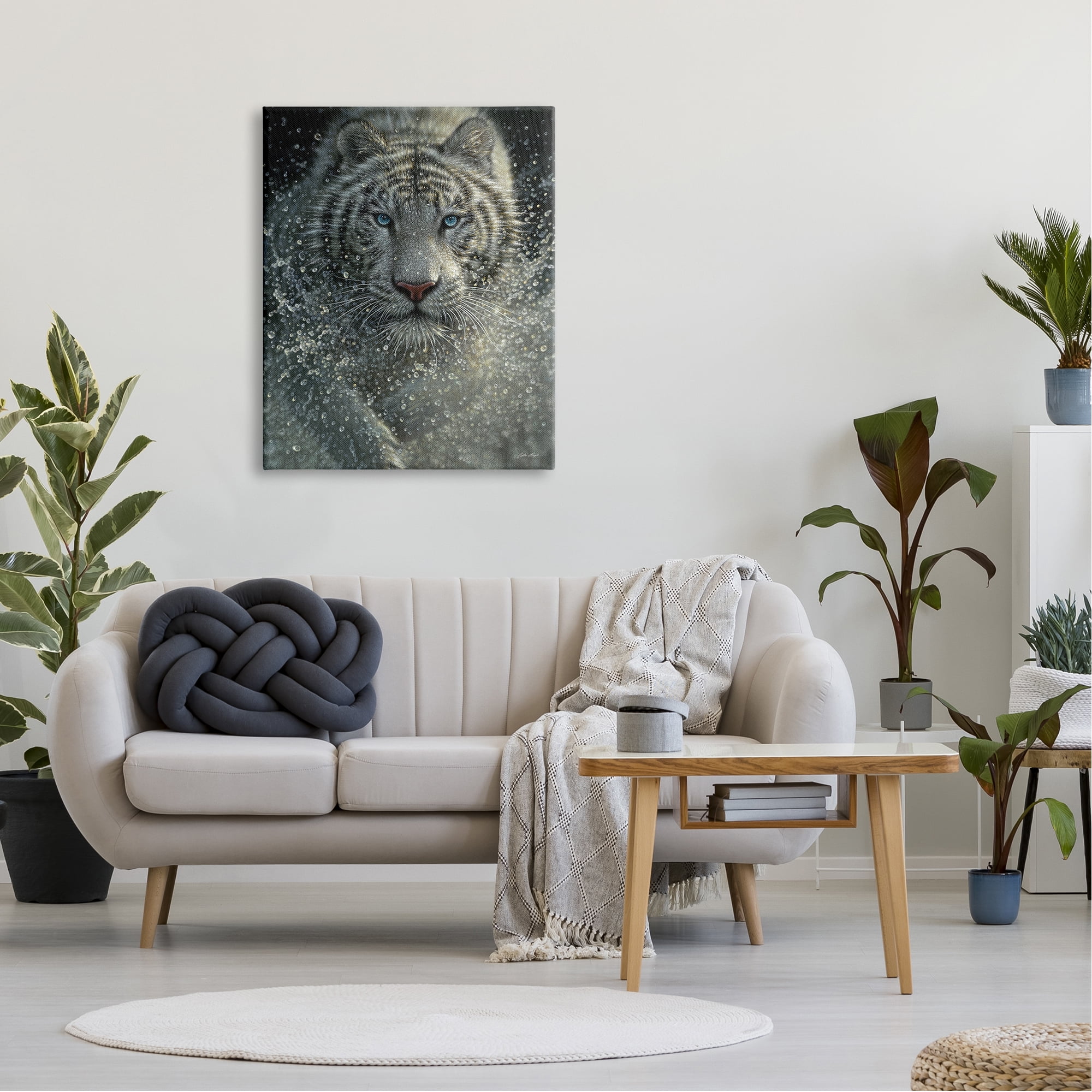 Stupell Industries Fierce White Bengal Tiger Running Water Splashing Portrait Paintings Gallery-Wrapped Canvas Print Wall Art, 30x40, by Collin Bogle