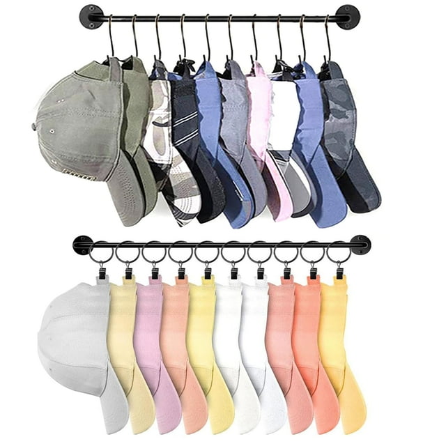 iDiskk Paquete de 2 Percheros Metálicos para Gorras de Béisbol con 10 Ganchos, 10 Clips Circulares con Capacidad para 20 Gorros, Negro
