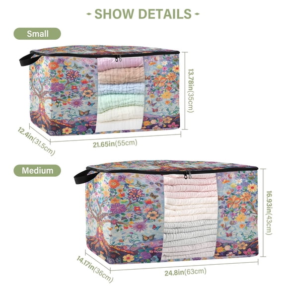 BZSMCE Under Bed Storage Bags With Reinforced Handles Watercolor Tree Printing Underbed Storage